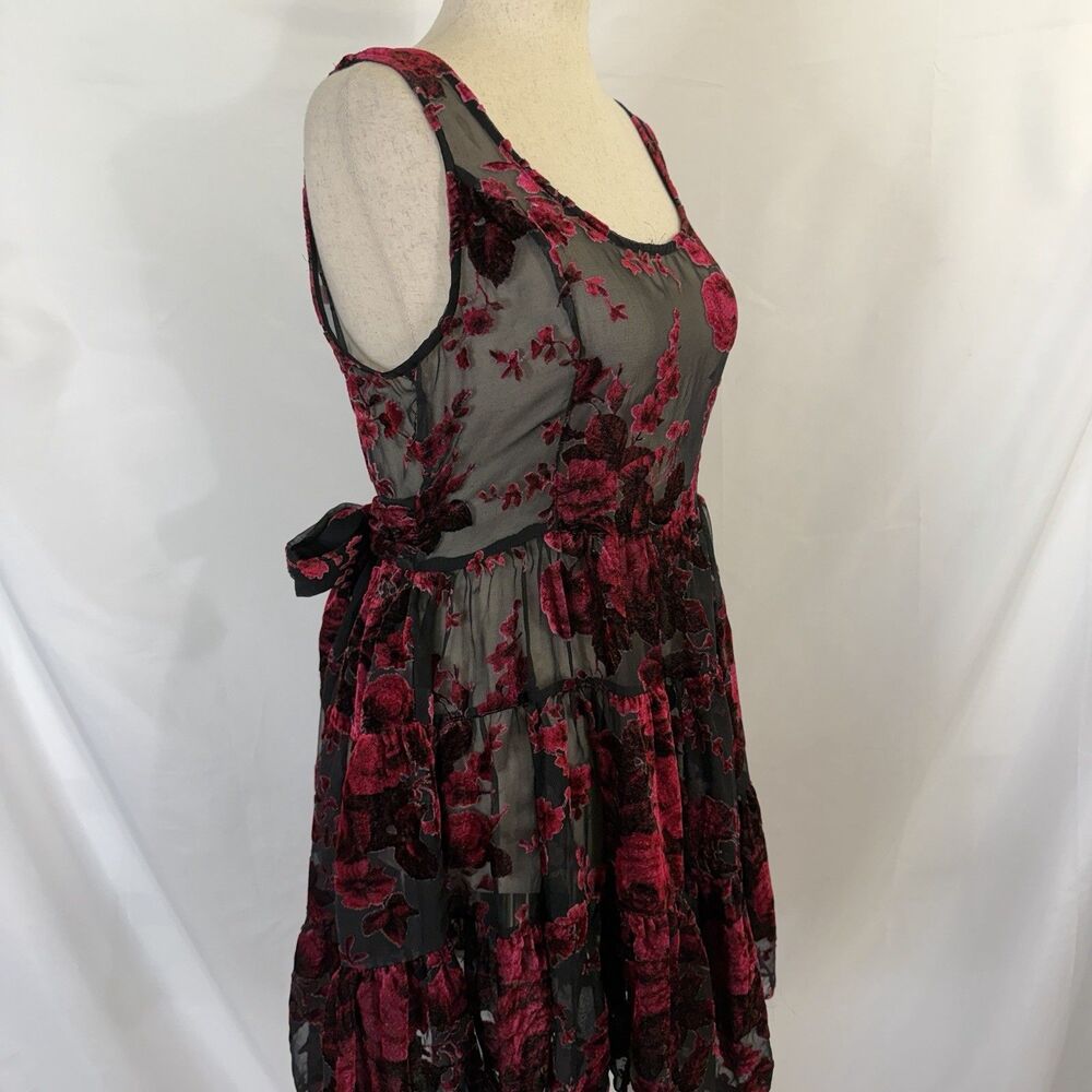 Betsey Johnson Collection! Classic Tiered Vintage Dress Velvet Roses 8 USA Sheer - Picture 3 of 6